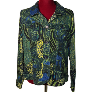 Vibrant Green and Blue Patterned Jacket Size Medium